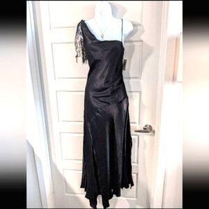 Vintage Style Asymmetrical Black Satin Gown Prom Dress Lace Detail